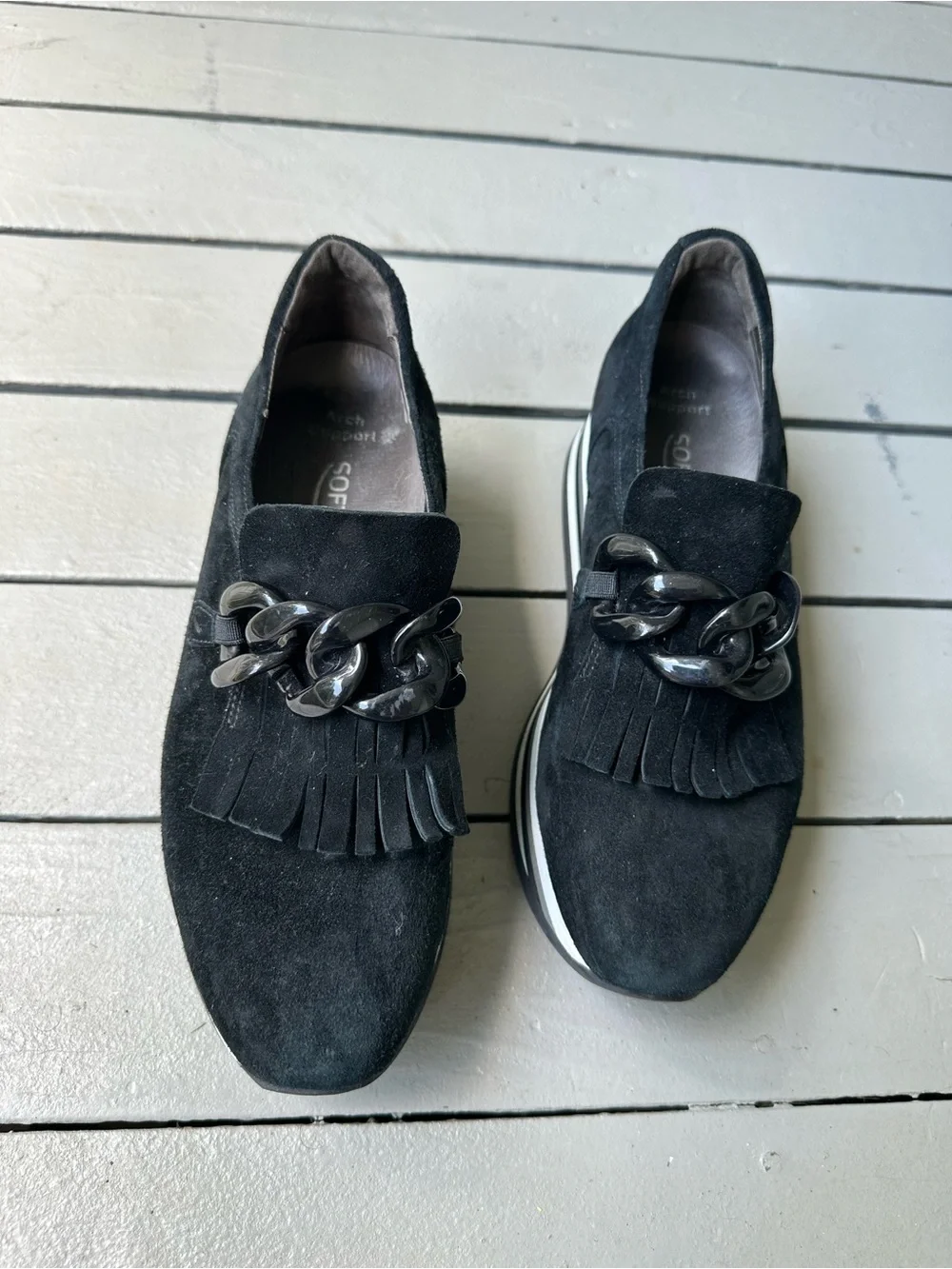 Softwaves Adaya Black Suede Platform Slip-On Sneakers with Chain Detail~EU38